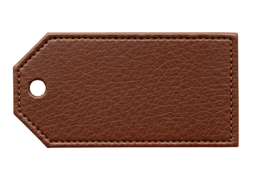 Brown leather luggage tag with hole isolated on transparent background