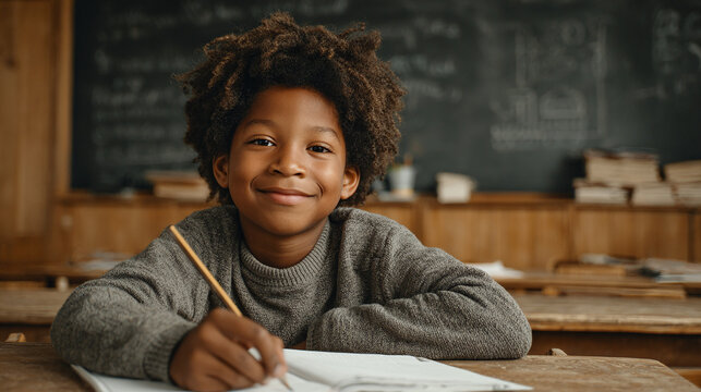 Young student engrossed in studies, writing in notebook. Classroom setting, chalkboard background. Education concept.