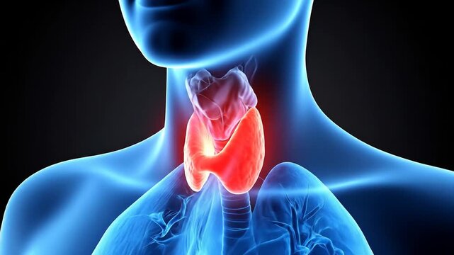 Detailed Blue Human Anatomy Illustration of Thyroid Gland Showing the Internal Structure and Position in the Body on a Black Background
