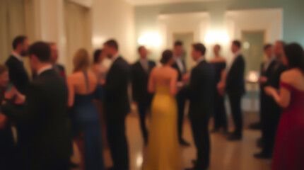 Blurred figures of people in evening attire, dancing and socializing in a softly lit hall