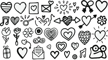Romantic Hand Drawn Love Icon Set – Doodle Style Hearts, Flowers, Envelopes, Music Notes, Arrows, Gifts, Couple, and Symbols – Valentine’s Day and Wedding Clipart Collection
