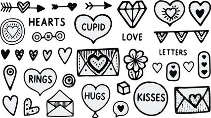 Hand Drawn Love and Romance Doodle Icon Set – Vector Sketches of Hearts, Cupid, Rings, Envelopes, Flowers, Kisses, Hugs, Letters – Valentine’s Day and Romantic Clipart