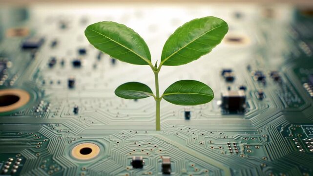 A small sprout grows on a circuit board