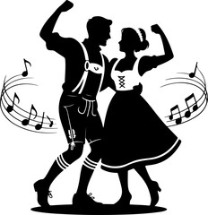 Black silhouette vector of a couple dancing a lively polka 