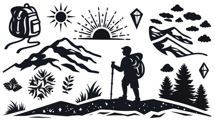 Outdoor Hiking and Nature Silhouette Vector Set – Mountains, Sunrise, Backpack, Forest Trees, Explorer, Birds, Clouds, Plants – Adventure and Wilderness Travel Clipart