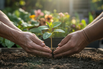 Hands planting a small green seedling in fertile soil