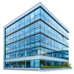 Modern glass office building with visible interior spaces and landscaping. background removed