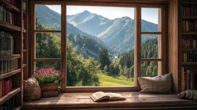 Scenic bookshelf background in home office concept. A cozy reading nook with a stunning mountain view outside.