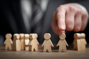 Businessman selecting a candidate from wooden human figures for recruitment or HR concept