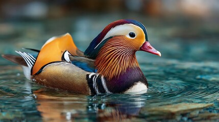Close up of a colorful mandarin duck swimming in the water with reflections and blurred background