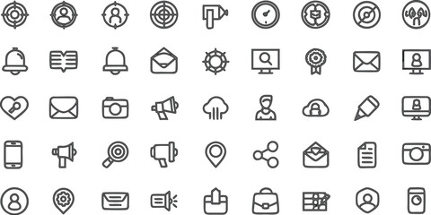 Communication and Marketing Icon Set – Hand-Drawn Minimal Outline Icons for Email, Messaging, Targeting, Promotion, Social Media, Business, and Navigation | Ideal for UI/UX and Web Projects