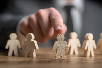 Businessman selecting a candidate from wooden human figures for recruitment or HR concept