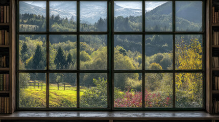 Scenic bookshelf background in home office concept. A beautiful view of mountains and trees from a cozy window.