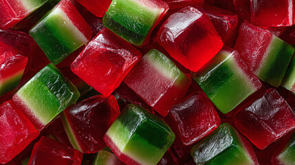 Pile of tri-colored cube-shaped candies, red and green hues, shimmering texture, close-up, offering a vibrant, sweet, and visually appealing treat.