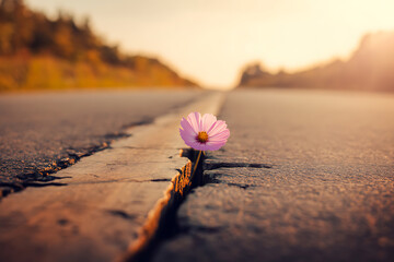 Lone pink flower blooms through cracked asphalt road