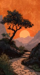 Scenic mountain path with tree and sunset in a warm painted landscape

