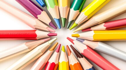 Fototapeta premium Colorful Pencils Arranged in a Circle on White Background