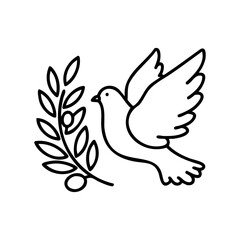 Obraz premium Dove with olive branch line art symbolizing peace – stock vector icon in line style