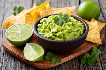 Obraz premium Guacamole with tortilla chips and lime on rustic wooden table