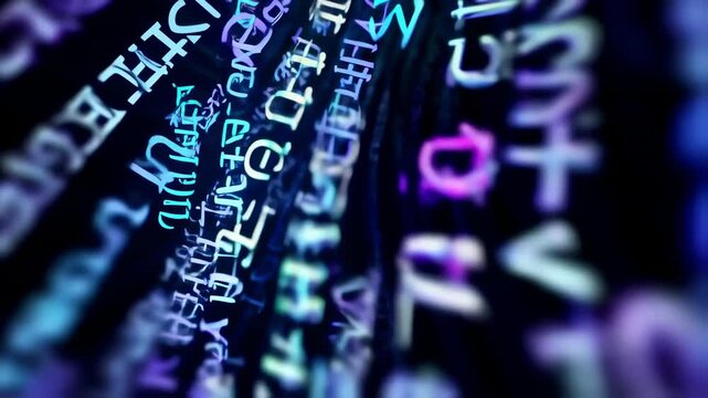 Digital code scrolling with vibrant neon lights creating a futuristic technology atmosphere