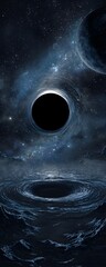 Mysterious black hole swirling in deep space with galactic clouds and stars

