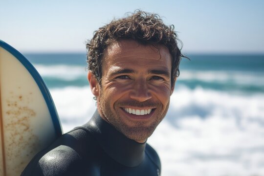 Surfer man smiling with surfboard by ocean beach waves in background, joyful expression outdoors. Summer water sport adventure fun.