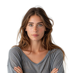 A young woman with long brown hair and freckles, wearing a gray shirt, looks directly at the camera with a serious expression. background removed