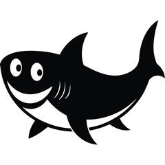 Cartoon black shark swimming happily white ocean