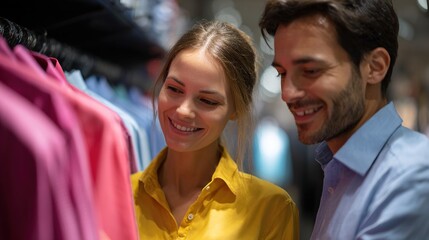 Naklejka premium Stylish Couple Browsing Clothing: A fashionable couple share an intimate moment while browsing a collection of stylish clothing in a vibrant boutique, their eyes sparkling with anticipation