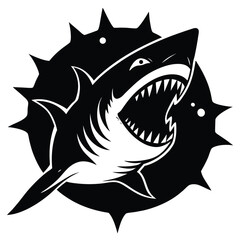 Fierce black shark with open mouth and sharp teeth