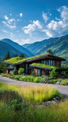 Mountain home with green roof