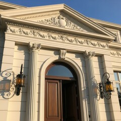 Obraz premium Detailed facade of an opulent estate home with a carved pediment design