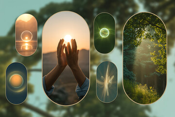 Hands reaching for sunsets through oval windows