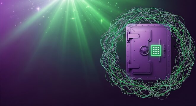 Cybersecurity Safe:  Abstract Purple Vault, Glowing Green Digital Network, Secure Data Protection Concept.