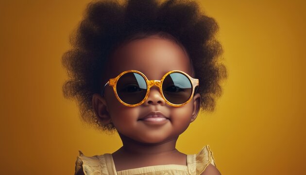 Adorable African American Infant Girl Wearing Trendy Sunglasses In A Sweet And Stylish Pose Captured In A Candid Moment.