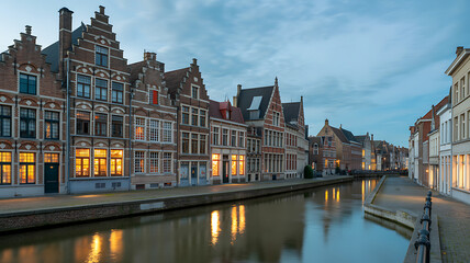 Naklejka premium Historic canal with gabled houses and reflections at dusk water twilight