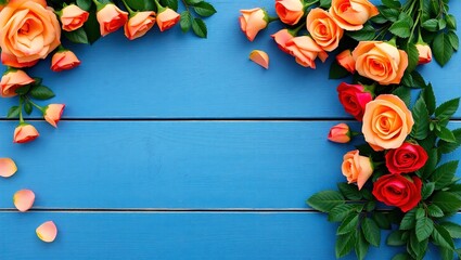 Peach and red roses with green leaves border a rustic blue wooden background, flowers in full bloom, vintage texture, natural elegance, romantic frame with open space for text

