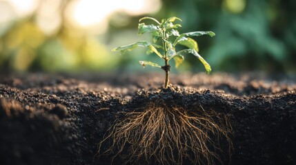 Close-up of a young plant with roots in soil or black dirt on a natural background