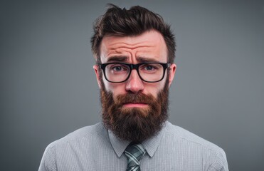 Close-up portrait of a worried businessman with glasses and a beard, looking at the camera