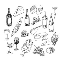 Wine and cheese hand drawn elements, sketched illustrations