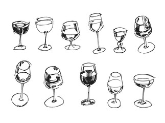 Ink drawn collection  of various types of liquor glasses