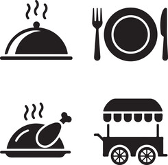Restaurant Menu Icons: Vector Food Sign Symbols, Plate, Fork, Knife, Roasted Chicken, Food Cart Icon Set.