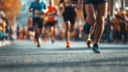A group of runners participate in a road race, showcasing determination and physical endurance on a paved .