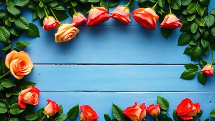 Peach and red roses with green leaves border a rustic blue wooden background, flowers in full bloom, vintage texture, natural elegance, romantic frame with open space for text

