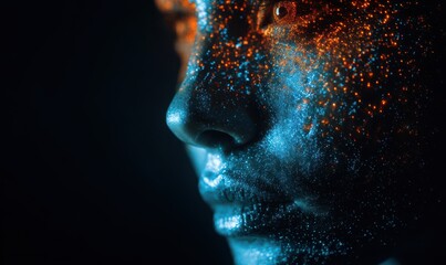 Digital woman portrait with glowing digital particles on the face