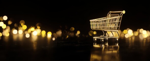 Golden shopping cart on a black background with bokeh lights
