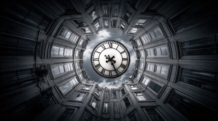 Obraz premium Dramatic Low Angle View of a Clock Tower Surrounded by Architectural Facade Against Cloudy Sky