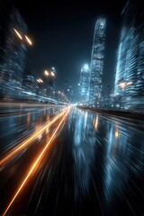 Obraz premium Futuristic Cityscape at Night with Light Streaks, Urban Technology and Transportation Abstract Motion