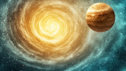 Swirling Galaxy Nebula with Stars and Planet in Cosmic Space Displaying Galactic Depth and Vibrant Colors