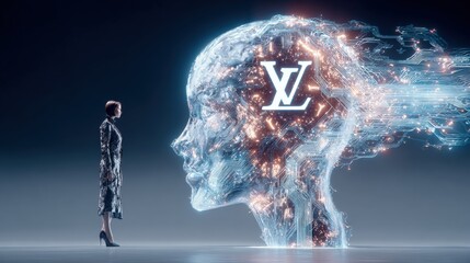 Woman Observes Futuristic Digital Head with Glowing Circuits and Artistic Data Streams in Dark Studio